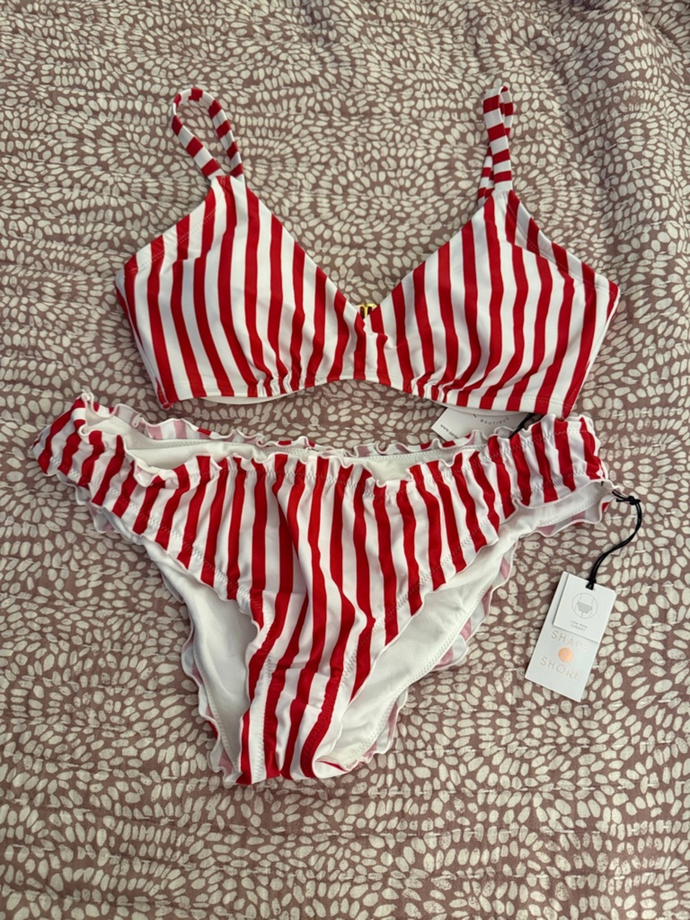 Shade & Shore Red and White Striped Bikini Set 36DD/Large bottoms